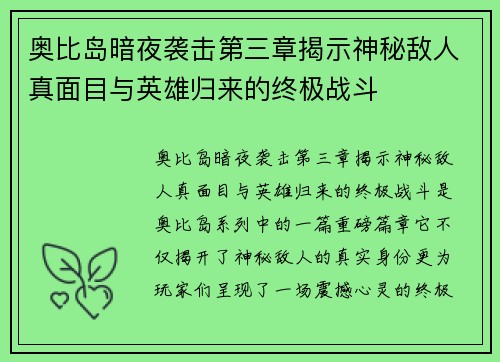 奥比岛暗夜袭击第三章揭示神秘敌人真面目与英雄归来的终极战斗